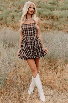 Plaid & Puff Bubble Hem Mini Dress (Brown) Sleek And Stylish
