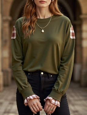 Quick Dry Fabric Anti Static Fabric Plaid Patchwork Crew Neck Pullover Sweatshirt