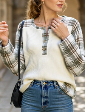 PLAID PATCHWORK LONG-SLEEVED CREW NECK T-SHIRT Warm Layer LaserCut Edges