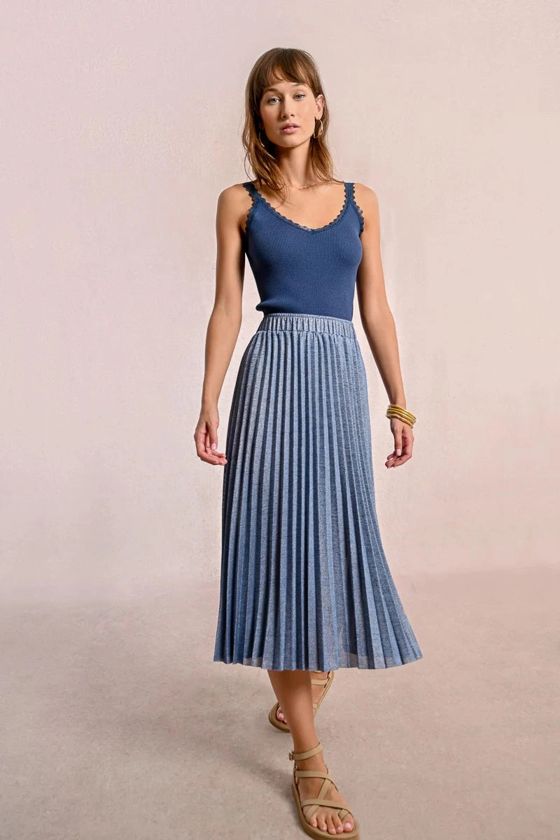 Limited Release Pleated Knit Maxi Skirt in Iridescent Blue