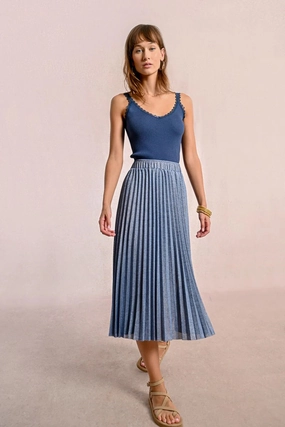 Limited Release Pleated Knit Maxi Skirt in Iridescent Blue