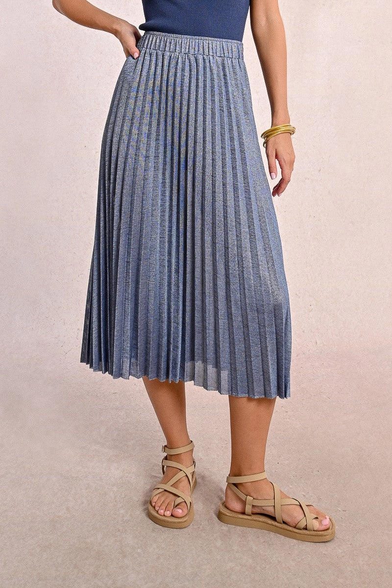 Pleated Knit Maxi Skirt in Iridescent Blue Neutral Tones