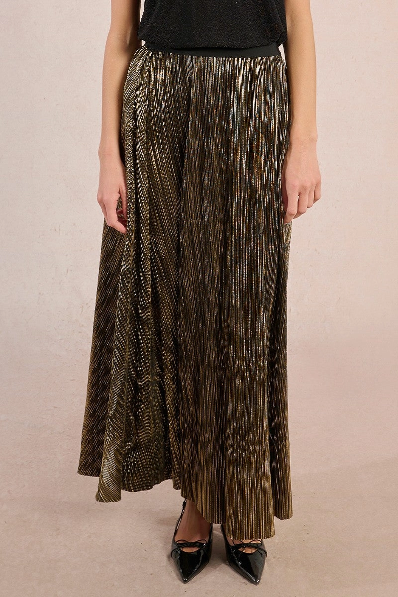 Pleated Metallic Maxi Skirt in Gold Outfit Vibes Refined Finish