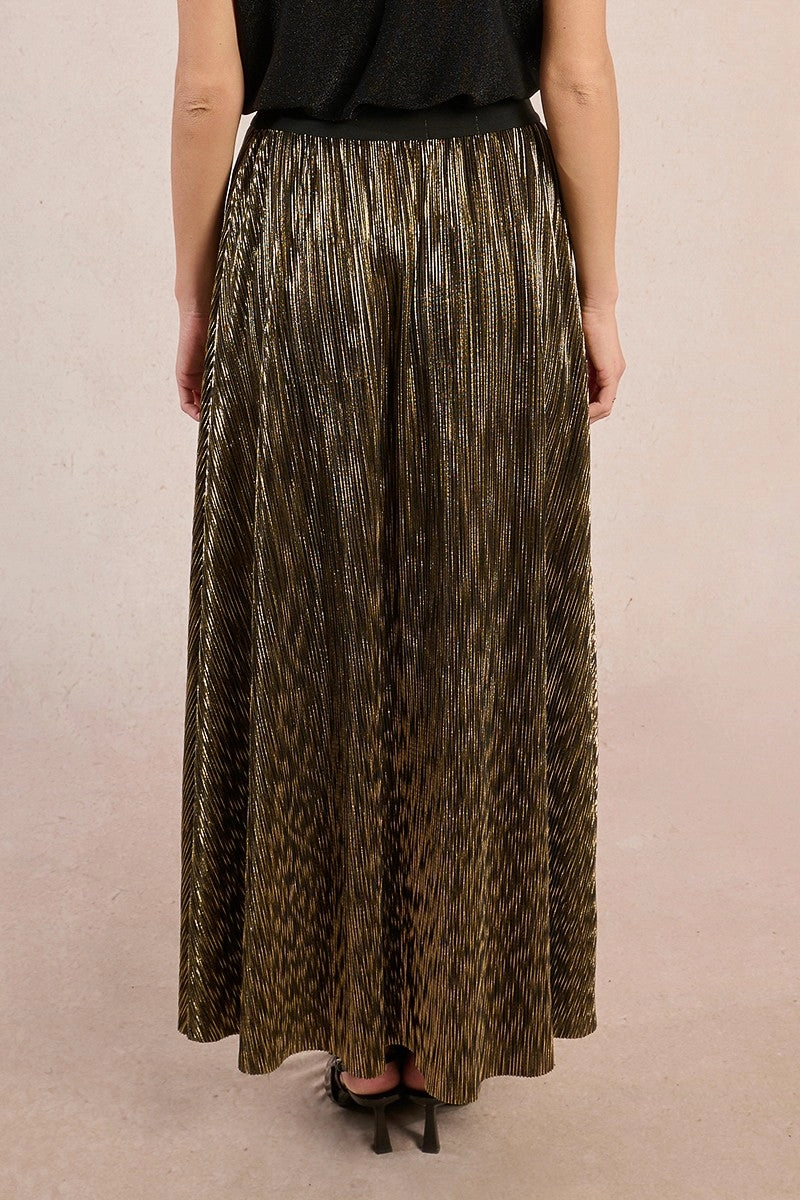 Two Tone Trim Pleated Metallic Maxi Skirt in Gold