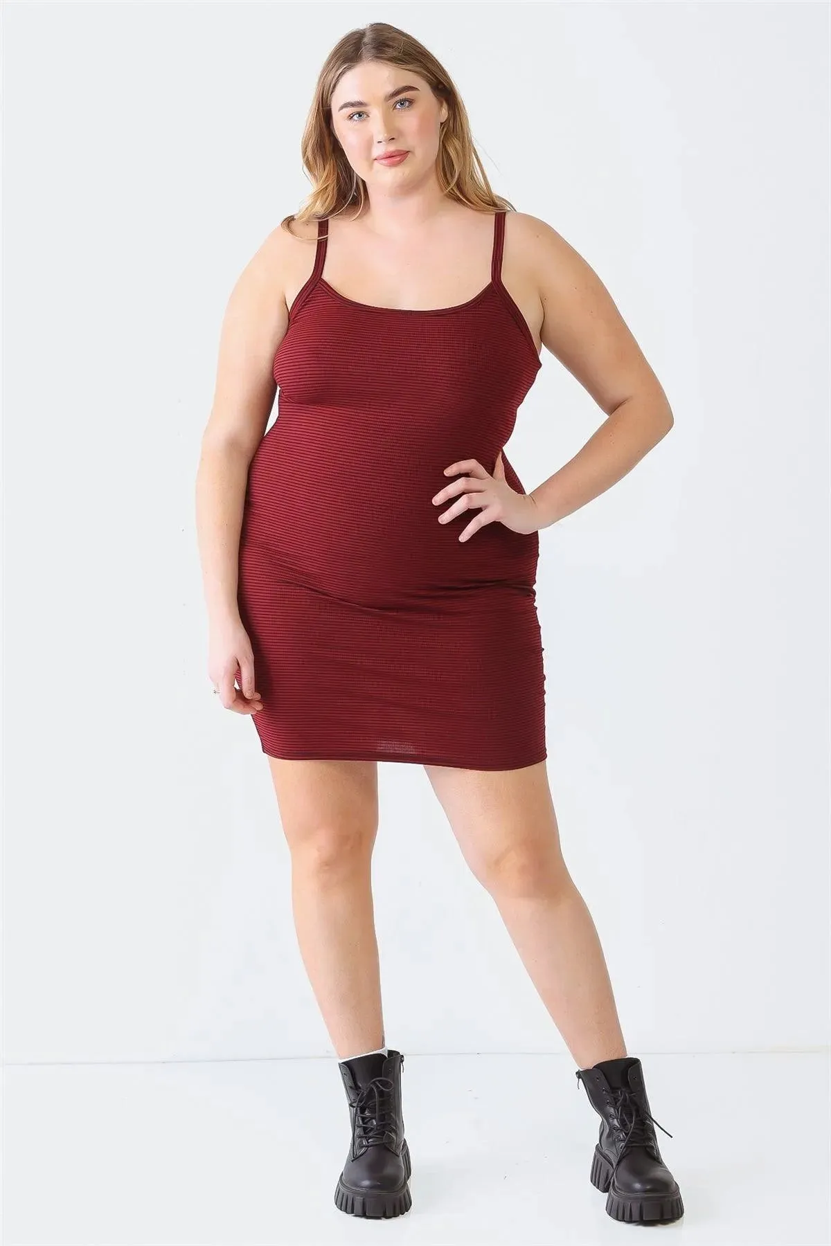 Plus Size Burgundy Stripe Sleeveless Mini Dress