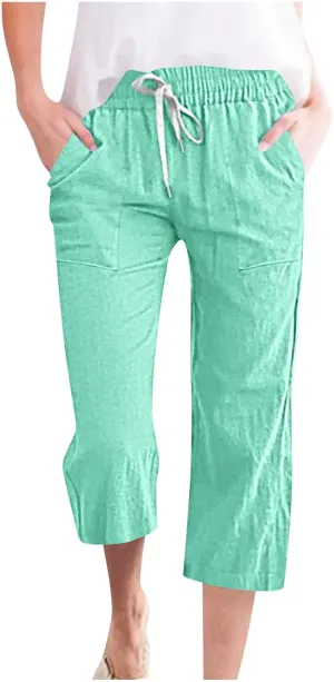 Plus Size Cotton Linen Capri Pants for Women 2025 Summer Drawstring Elastic High Waist Pants Wide Leg Lounge Capris