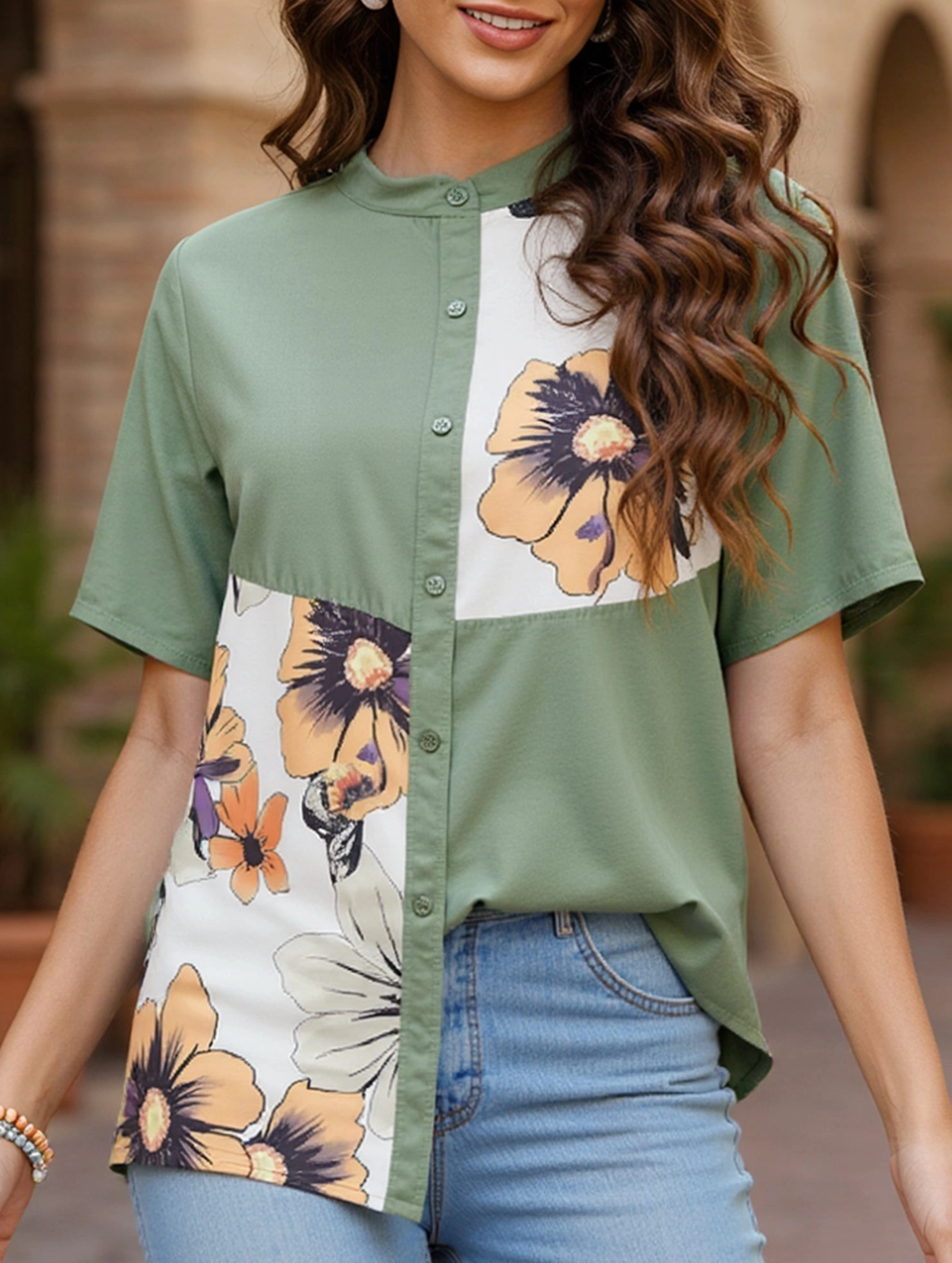 Plus Size Floral Button Down Shirt ??Summer Boho Style ZipClosure Relaxed Look
