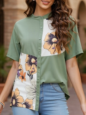 Quick Dry Technology Airy Mesh Lining Plus Size Floral Button Down Shirt ??Summer Boho Style