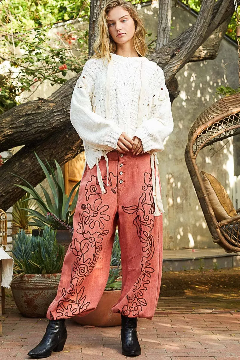 POL Clothing Floral Embroidered Pattern Solid Twill Pants