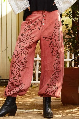 POL Clothing Floral Embroidered Pattern Solid Twill Pants