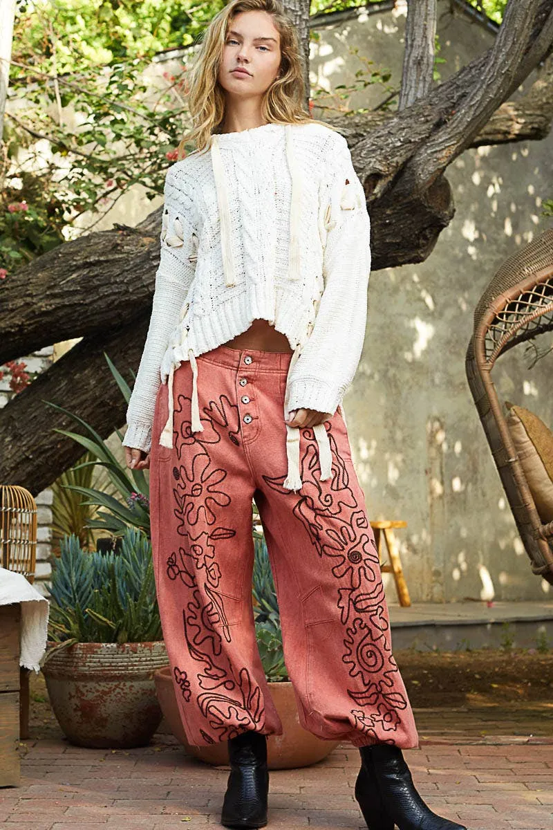 POL Clothing Floral Embroidered Pattern Solid Twill Pants