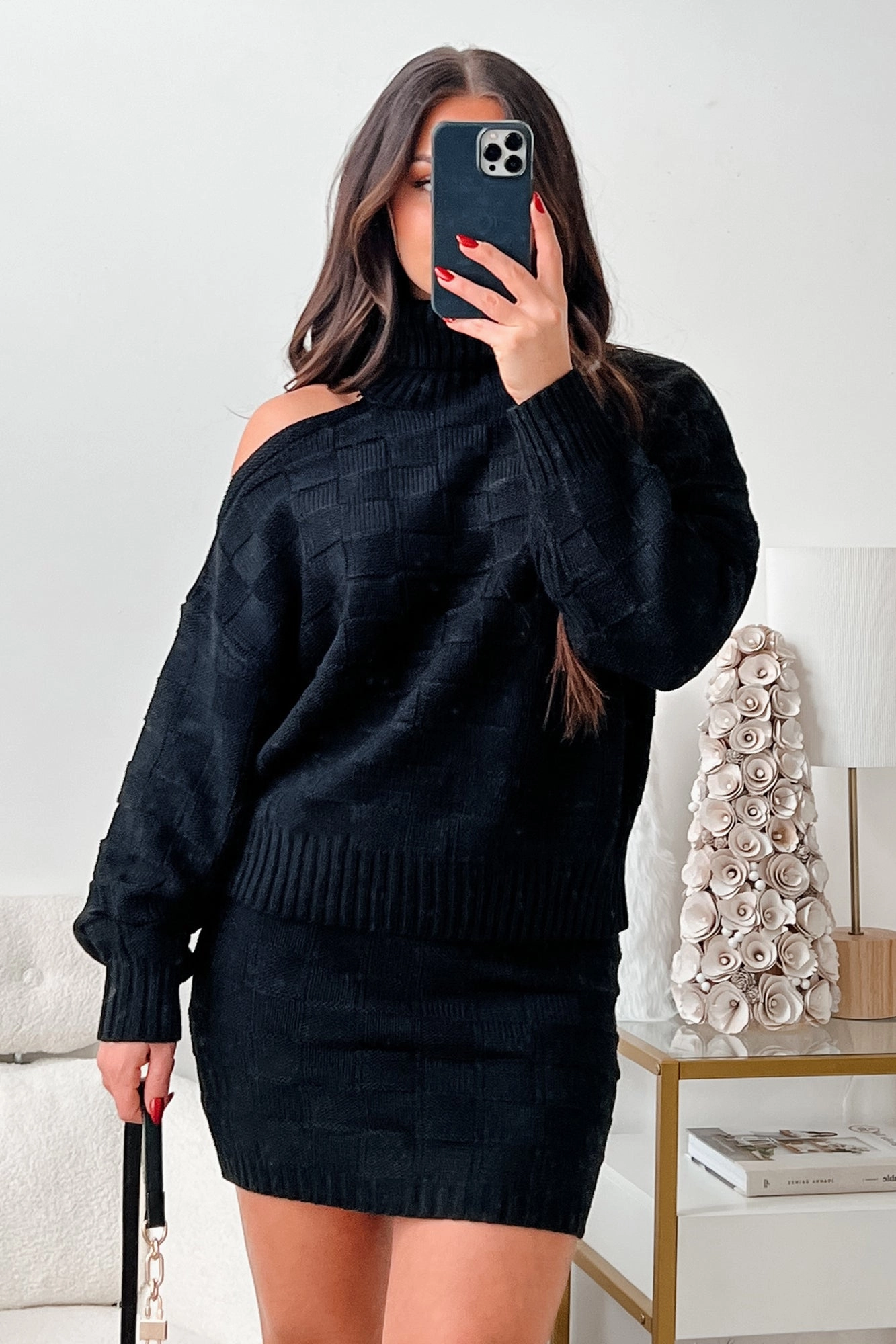 Collection Of Memories Woven Sweater & Skirt Set (Black) Airy Comfort
