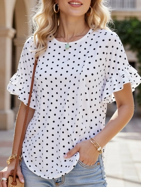 Comfortable Fabric Polka Dot Batwing Sleeve Ruffle Loose Top ??Women's Lightweight Casual Blouse