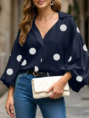 Ventilation Panel AthleisureInspired Polka dot V-neck loose bubble long-sleeved shirt