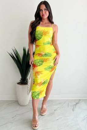 Comfy Wear Smooth Texture Poolside Chic Mesh Ruched Midi Dress (Lime)