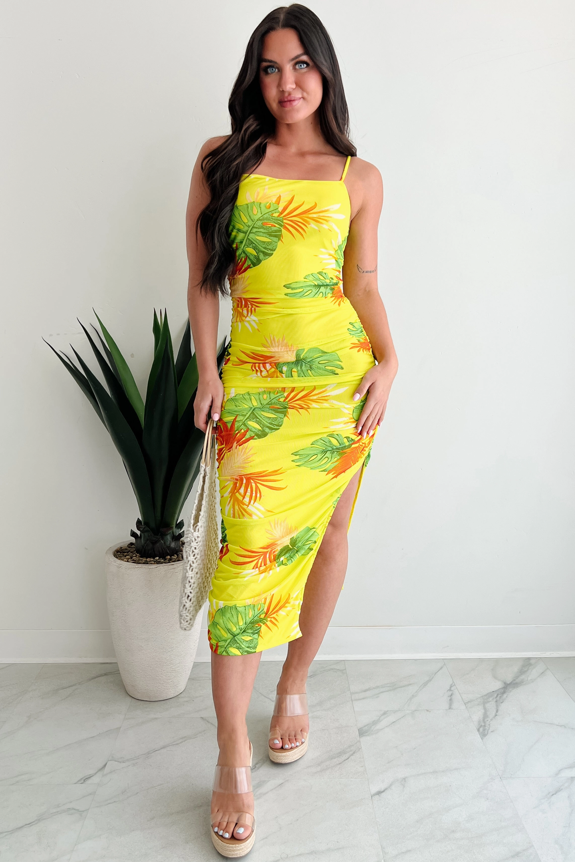 Shade Soft Office Fit Poolside Chic Mesh Ruched Midi Dress (Lime)