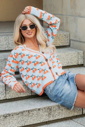Vibrant Life Cherry Knit Cardigan (Light Blue/Orange) AllDayComfortFit NonChafing Fabric