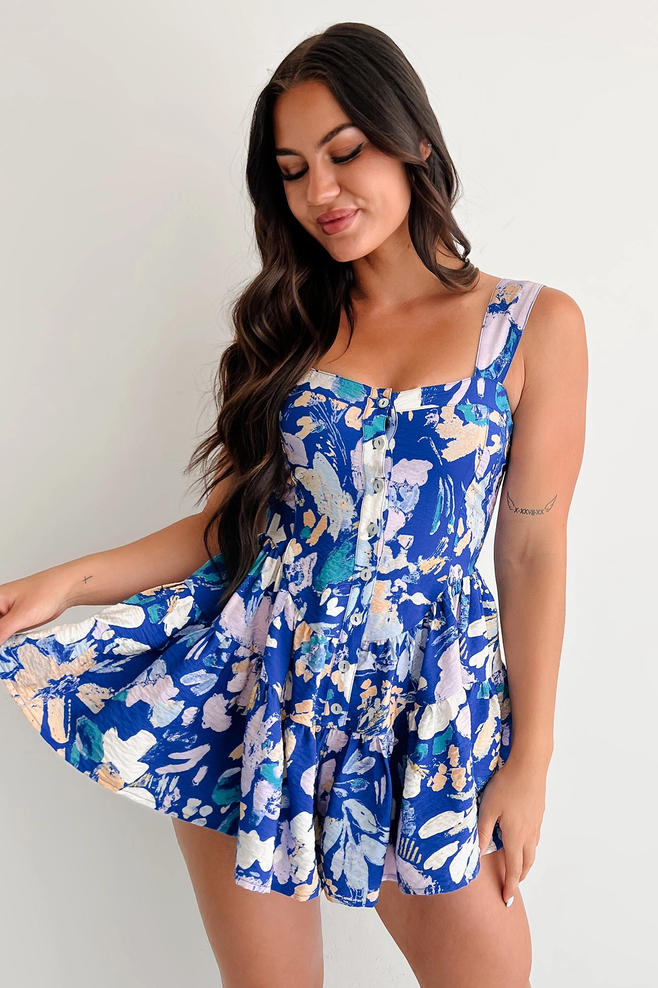 Pout About It Sleeveless Floral Romper (Retro Blue) Outdoor Scene Flattering Design Wear