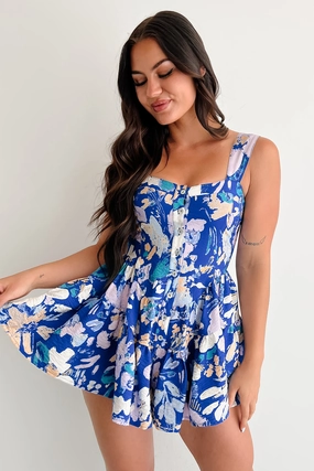 Pout About It Sleeveless Floral Romper (Retro Blue) Outdoor Scene Flattering Design Wear
