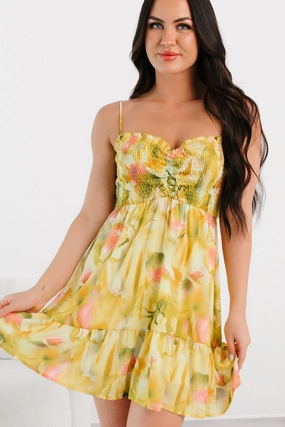 Blooming Days Smocked Floral Mini Dress (Green) Lounge Feel