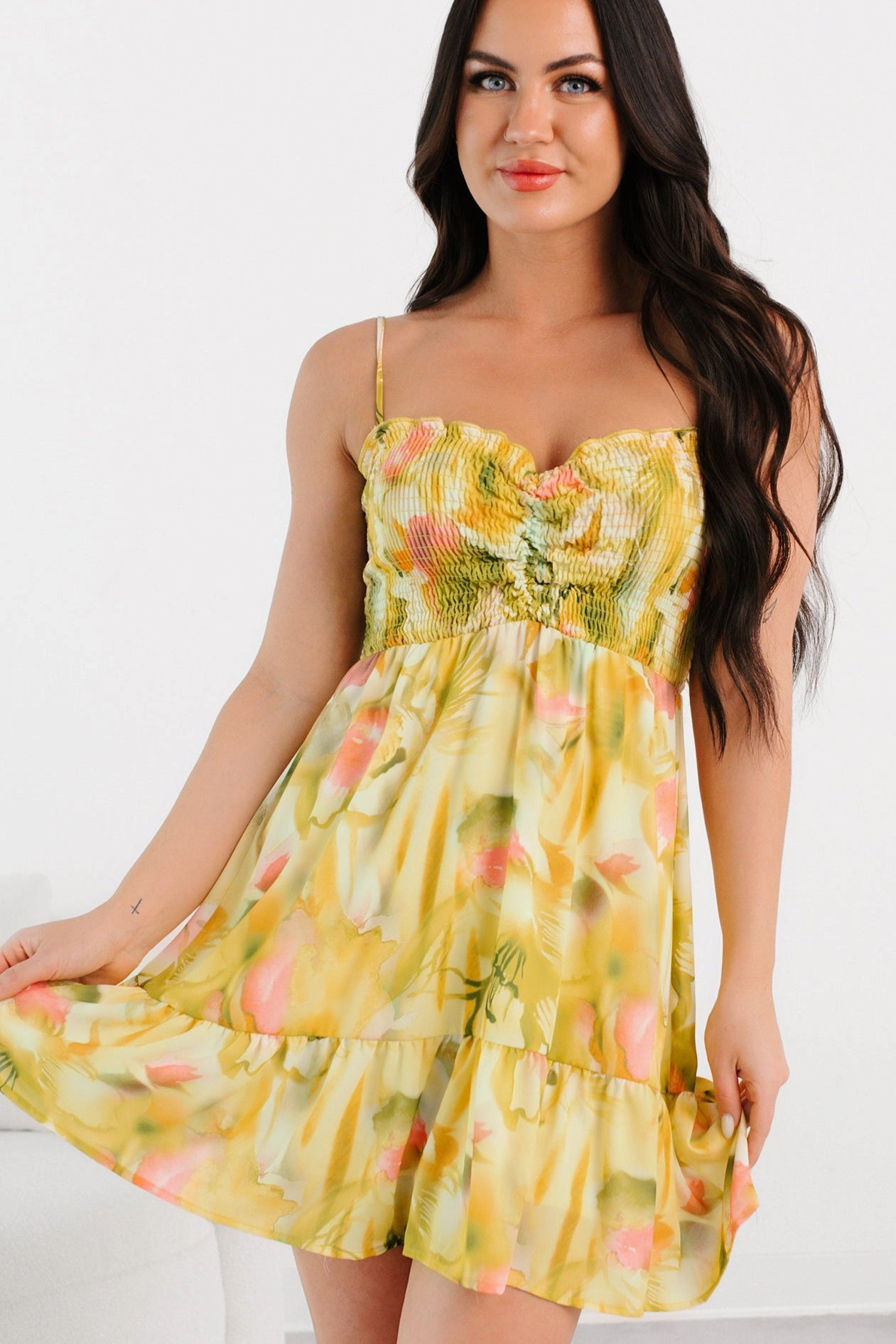 Layer Safe Side Tie Blooming Days Smocked Floral Mini Dress (Green)