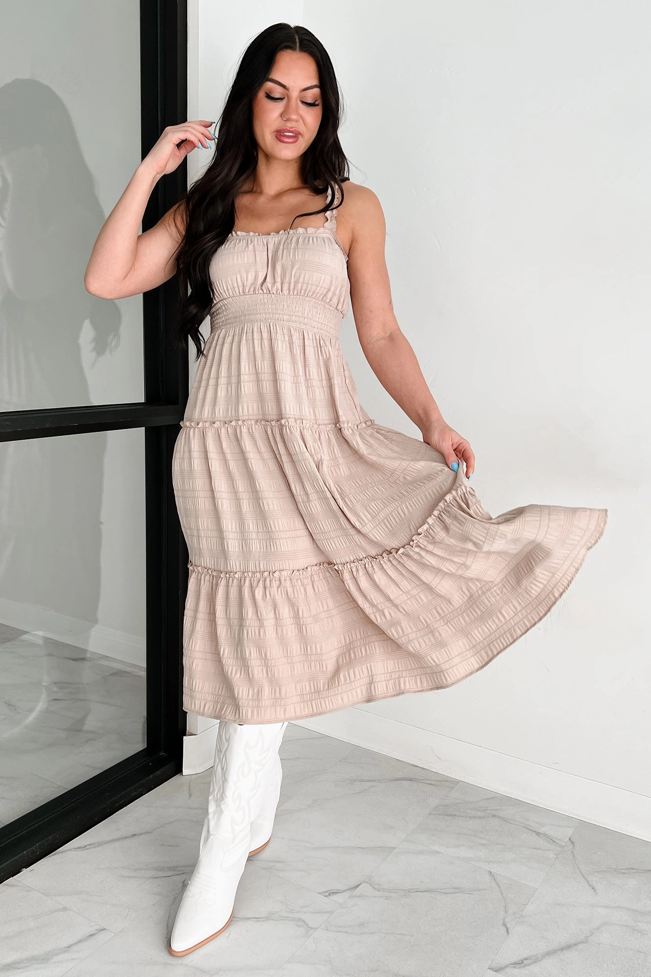 bold appearance Quiet Elegance Ruffle Tiered Midi Dress (Almond)