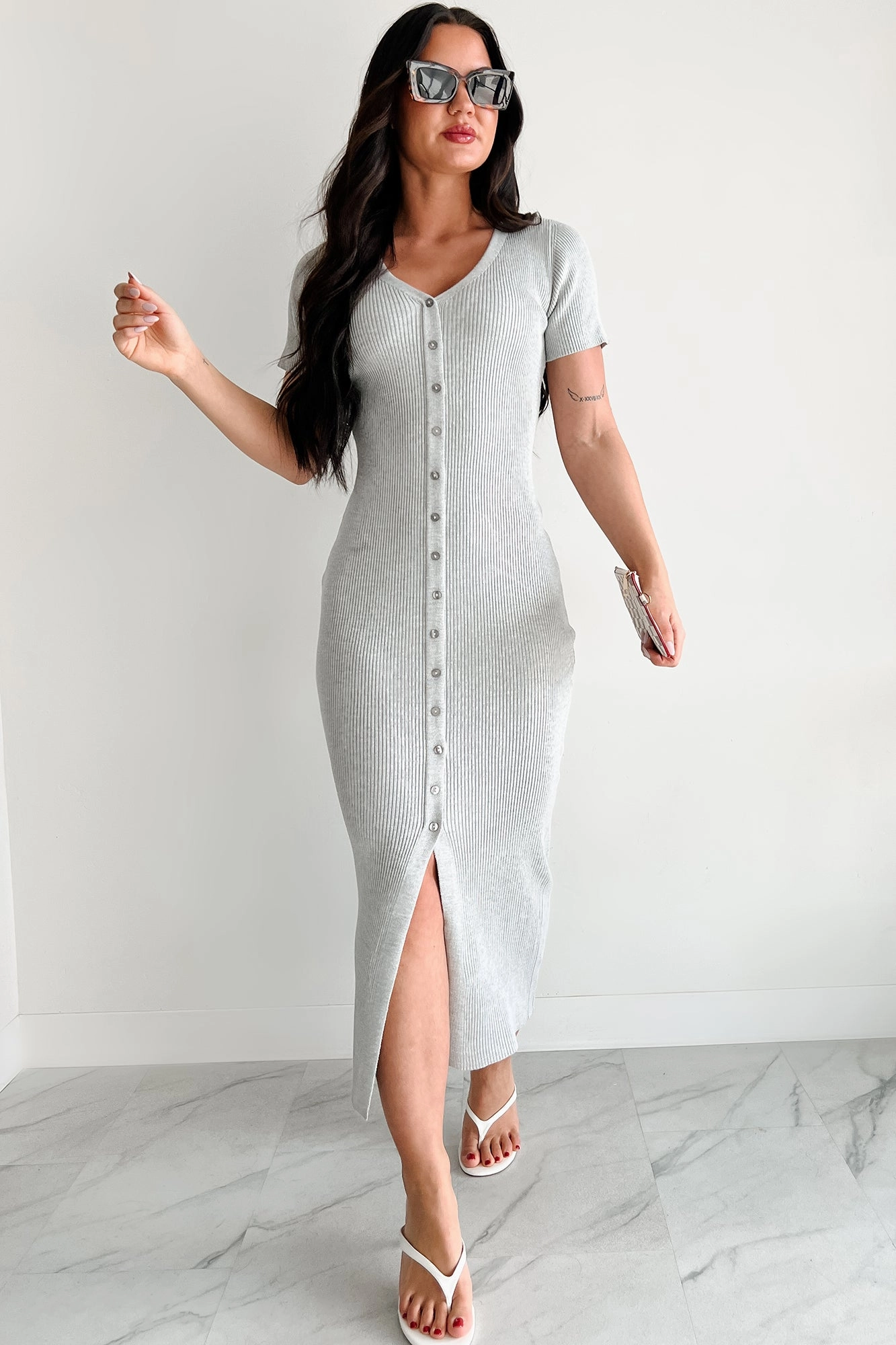 Make It Look Easy Button Front Maxi Dress (Grey) Soft color
