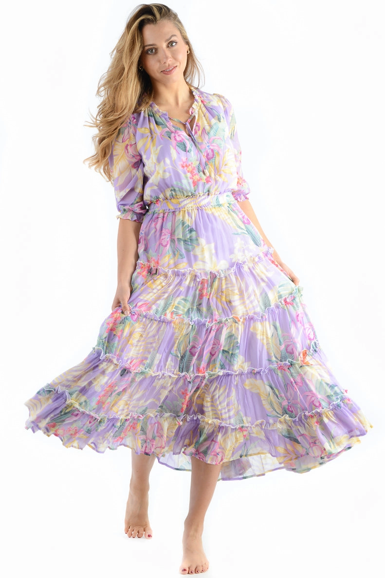 Dana Dress / Lavender Tropical Feminine flowing piece Linen-Blend