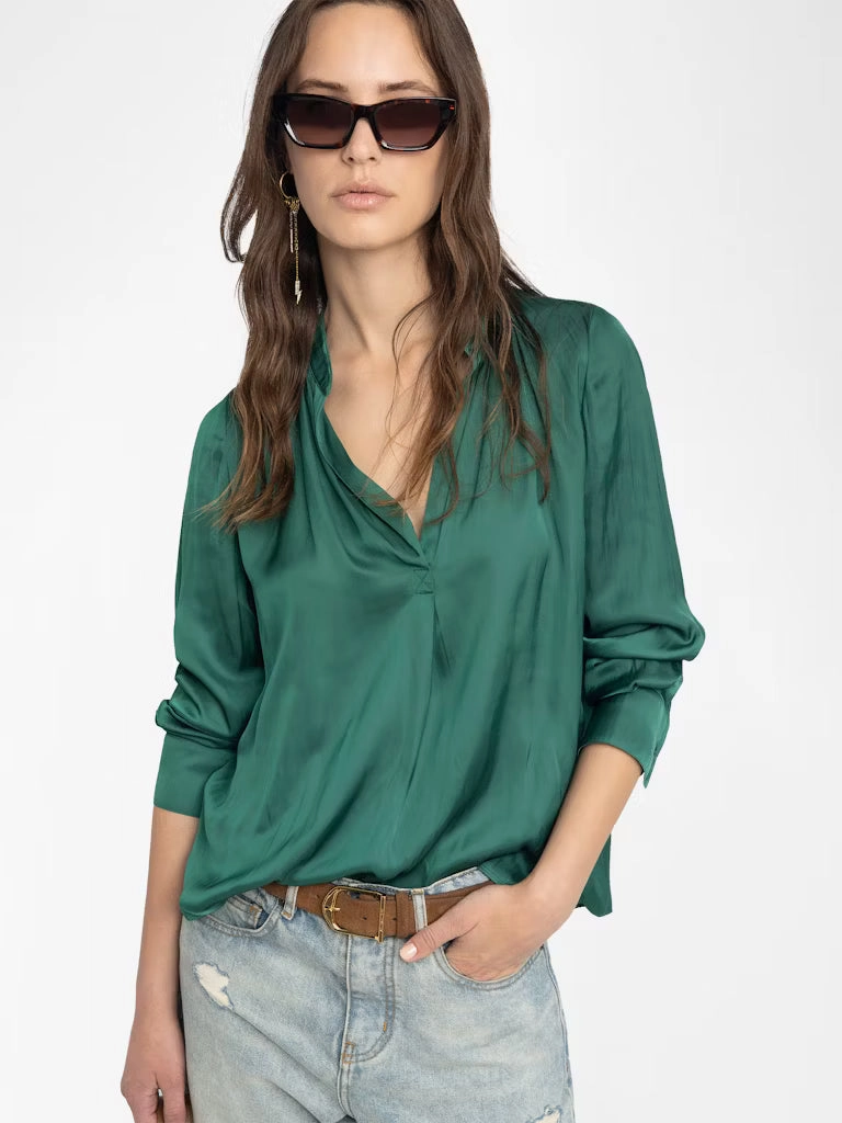 Tink Satin Blouse Emerald DurableCollarStays