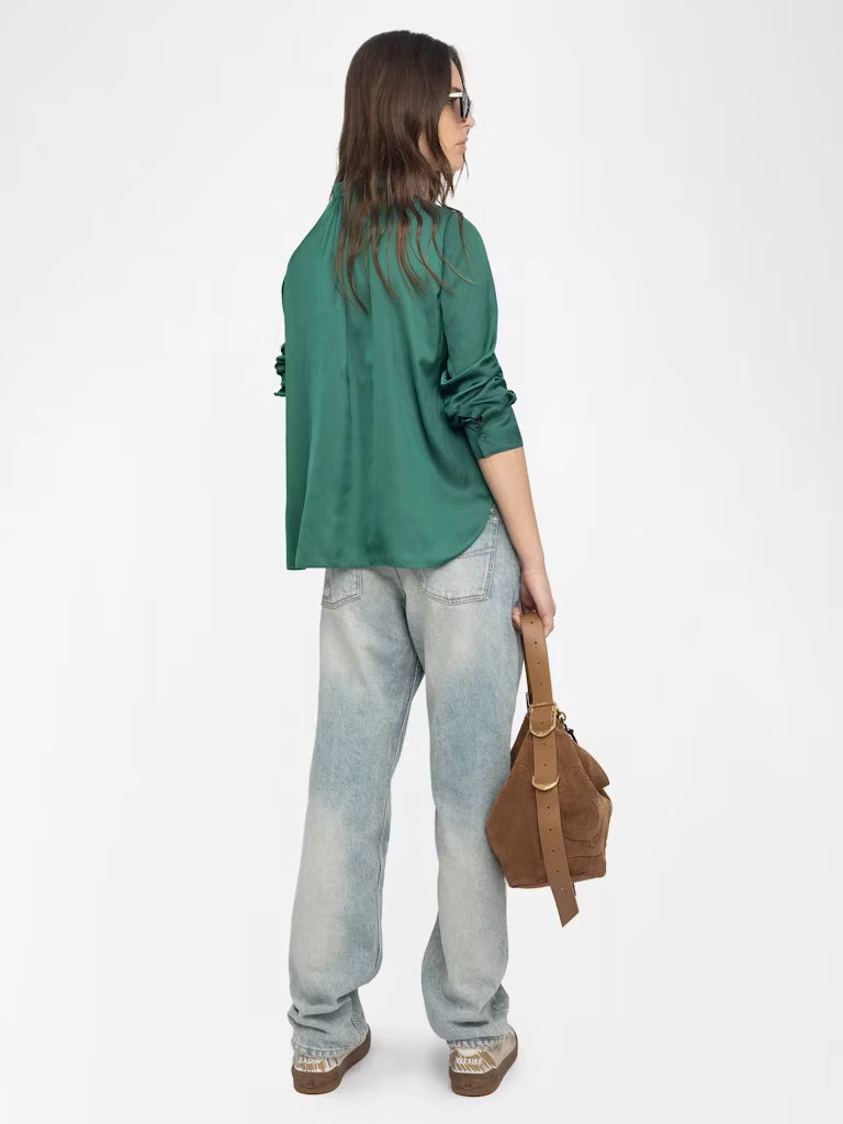 Flexible Knit Tink Satin Blouse Emerald