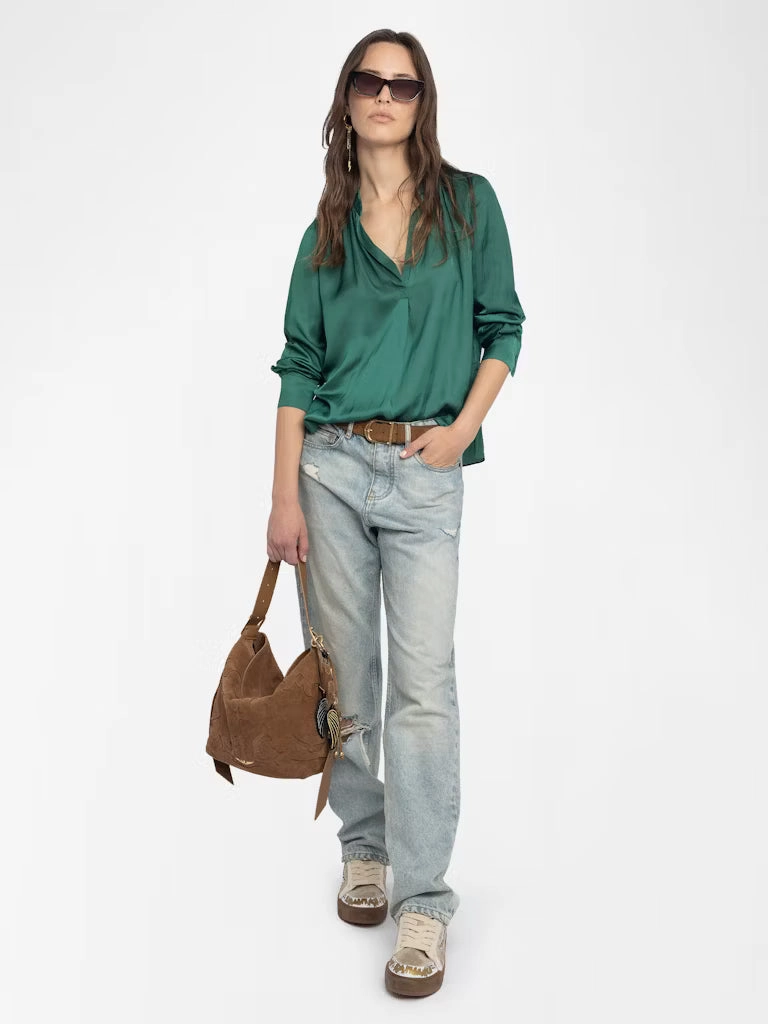 Tink Satin Blouse Emerald Heather Effect Finish