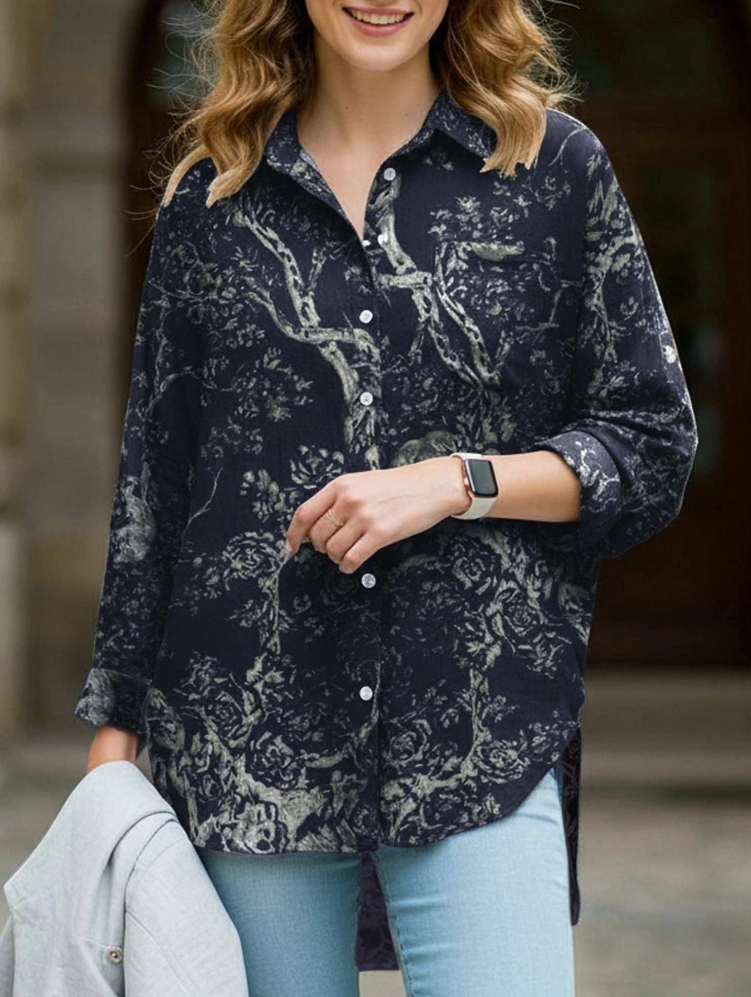 DoubleLayered Neckline Sustainable Manufacturing Process Digital Printed Casual Irregular Shirt