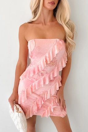 Pretty Little Thing Strapless Ruffle Mini Dress (Pink) Shape Hug