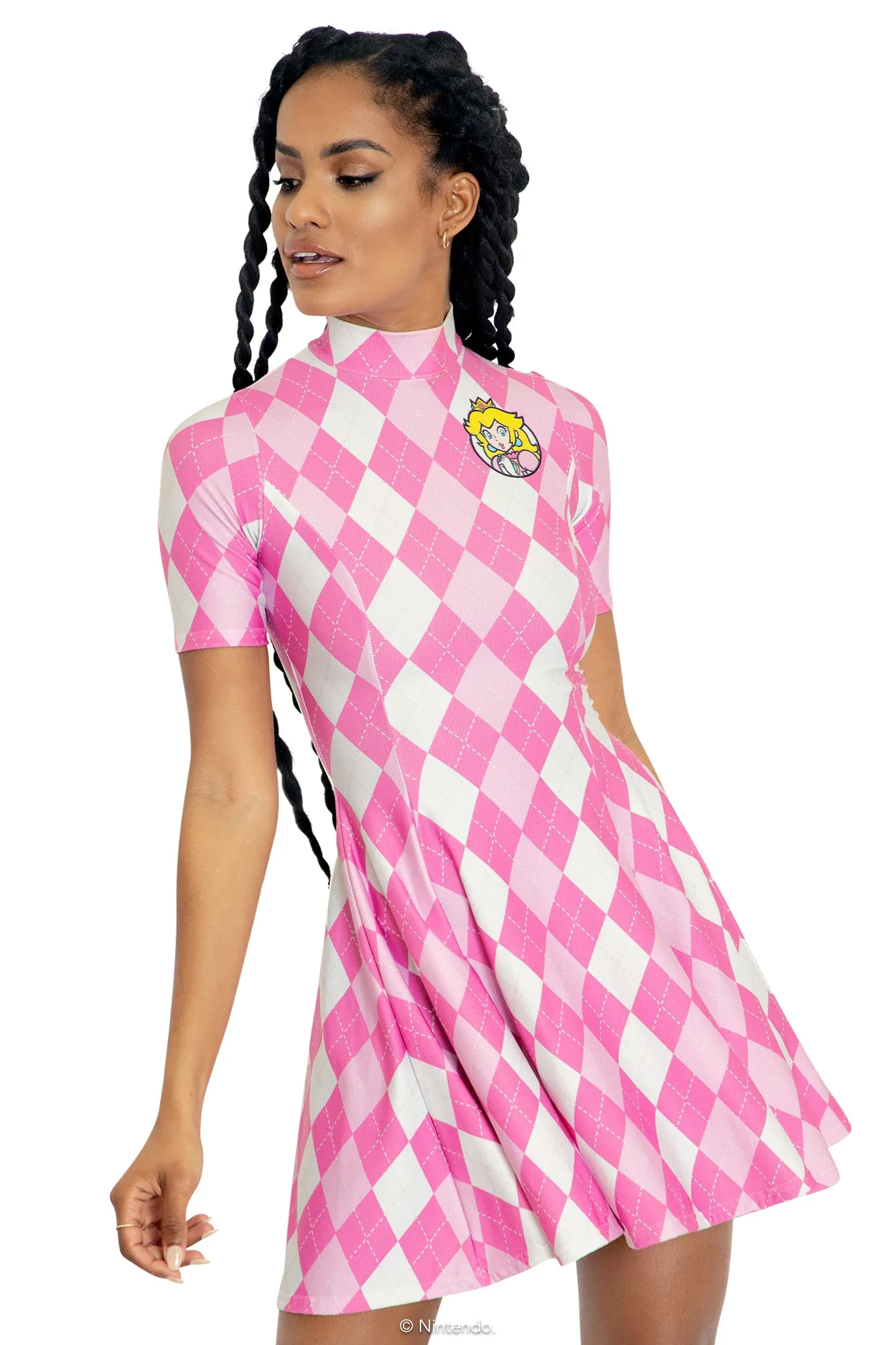 Princess Peach Argyle Short Sleeve Evil Mini Skater Dress