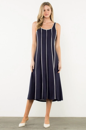 Tear-resistant Waist Seam LACY VERTICAL TRIM SLEEVELESS MIDI DRESS