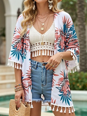 Multi Pocket Functional Design Printed Loose Fit Smock Top ??Lightweight Sunscreen Blouse for Women