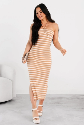 Low-Key Chill Striped Bodycon Maxi Dress (Taupe/White) Natural Form
