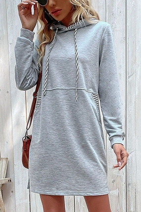 WOMEN DRAWSTRING HOODED SIDE POCKET MID DRESS Vacation Outfit Grace Vibe