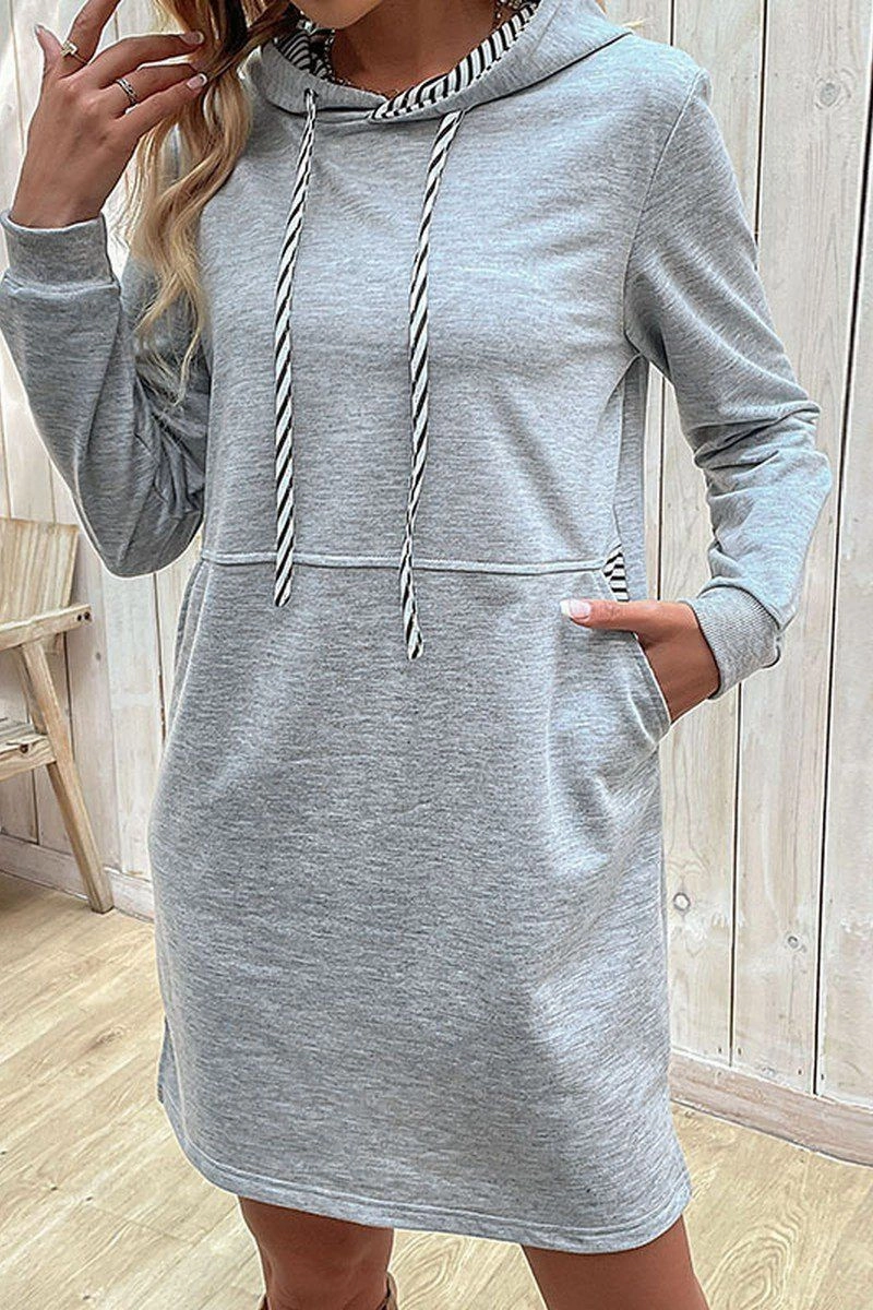 WOMEN DRAWSTRING HOODED SIDE POCKET MID DRESS Perfect Wear