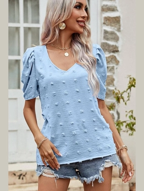 PUFF SLEEVE DEEP NECK CASUAL TOP Compact Jacquard Weave