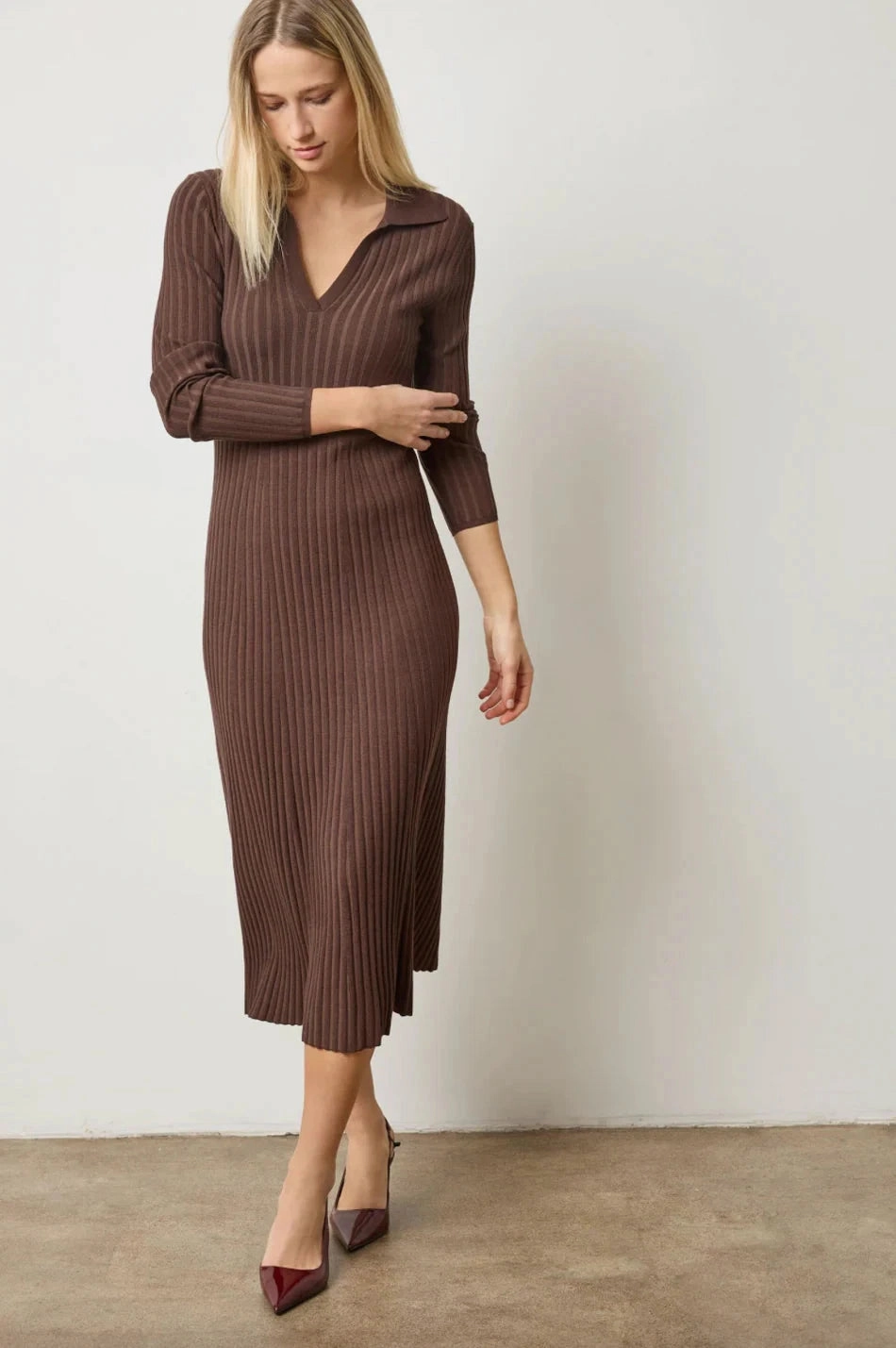 Long Sleeve Rib Henley Dress Mink Tailored Elegance