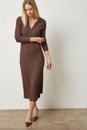Long Sleeve Rib Henley Dress Mink Tailored Elegance