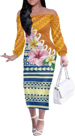 Puletasi Samoan Traditional Off Shoulder Long Shoulder Bodycon Dresses