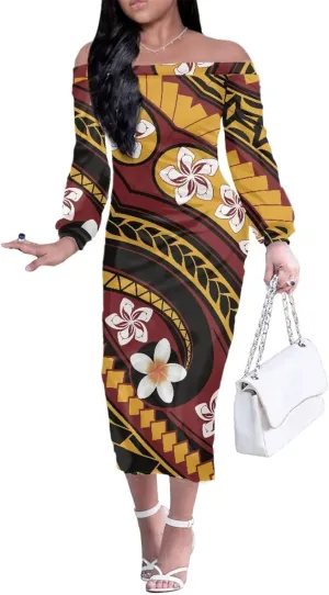 Puletasi Samoan Traditional Off Shoulder Long Shoulder Bodycon Dresses