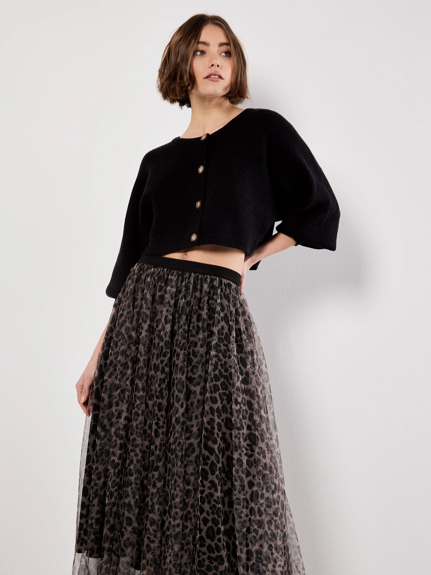 Layered Tulle Skirt in Leopard Silk Touch Rolled Hem