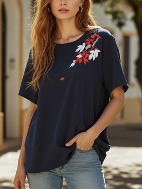 Pullover Fresh Sweet Embroidered Blouse ??Lightweight Women's Top Temperature Regulating Fibers