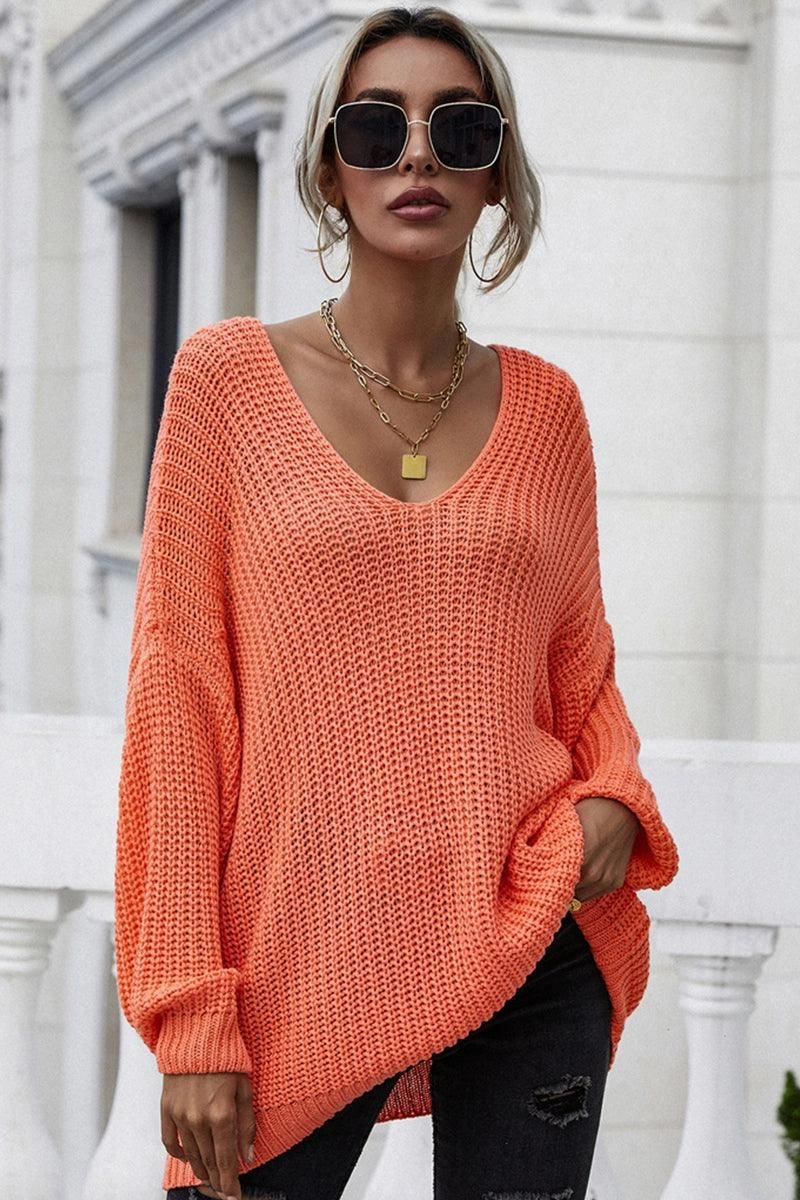 FlexibleCuff PULLOVER V NECK SOLID COLOR SWEATER