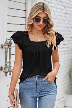 PUNCHING LACE ANGEL SLEEVE SQUARE NECK TUNIC TOP Antimicrobial Finish ReinforcedArmholes