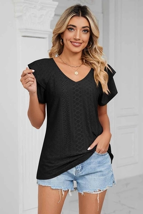 PUNCHING LACE CAKE PUFF V NECK T-SHIRTS High Density Knit