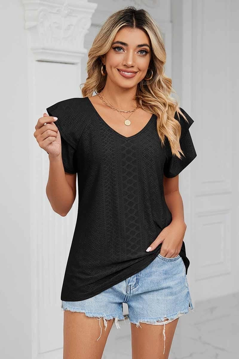 PUNCHING LACE CAKE PUFF V NECK T-SHIRTS High Density Knit